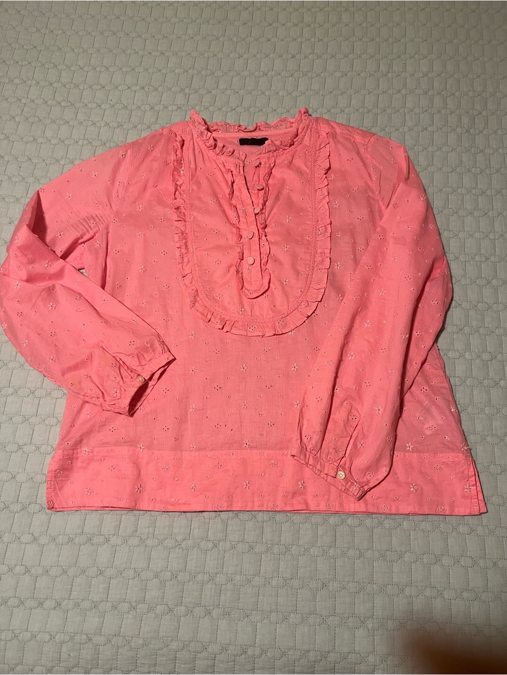 J. Crew Pink Eyelet Ruffle Tuxedo Bib Blouse size M Feminine Sophisticate Work